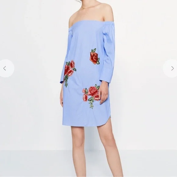 Zara | Tops | Zara Blue Stripe Off The Shoulder Rose Embroidery Tunic Dress  Shirt Size M | Poshmark